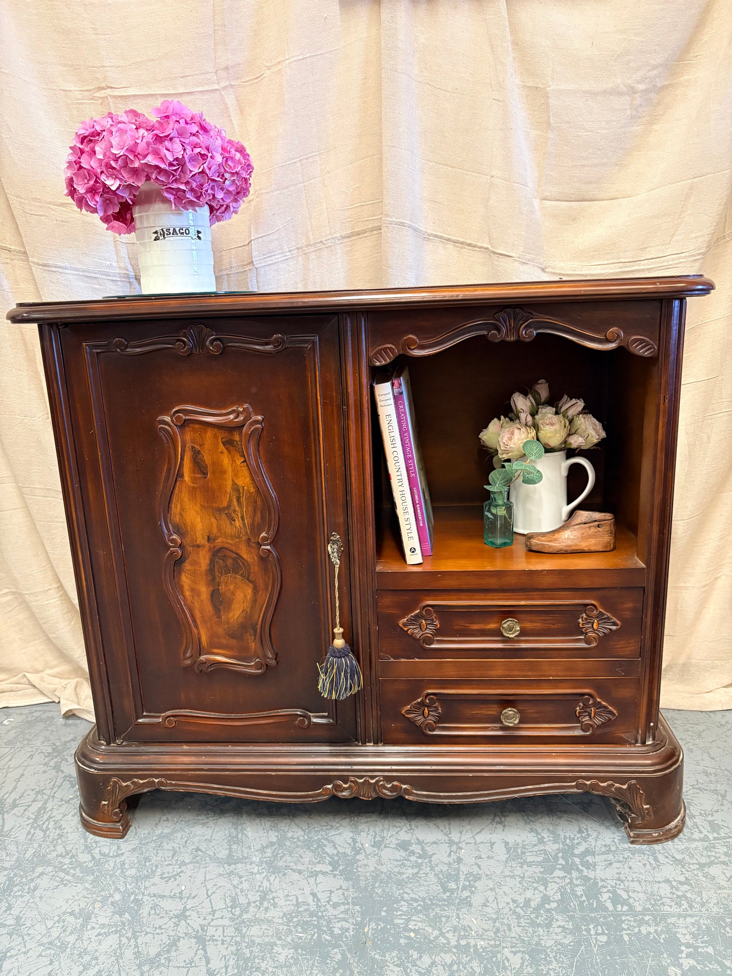 Vintage Carved Mahogany French Style Cabinet Storage Sideboard