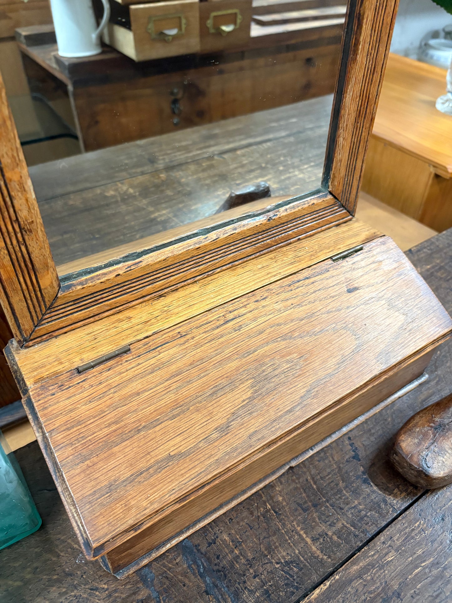Antique Edwardian Oak Hallway Valet Wall Mirror with Glovebox