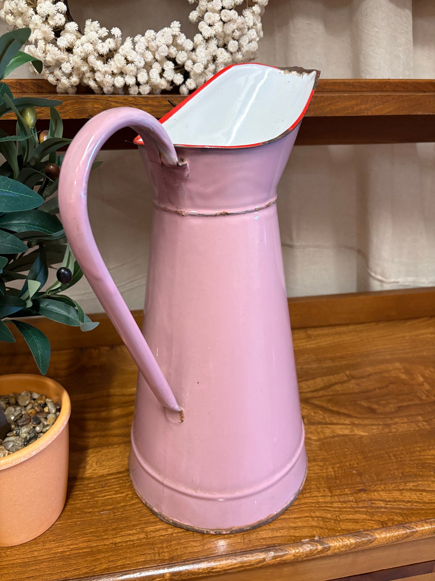 Large French Pink Enamel Pitcher Jug Flower Vase