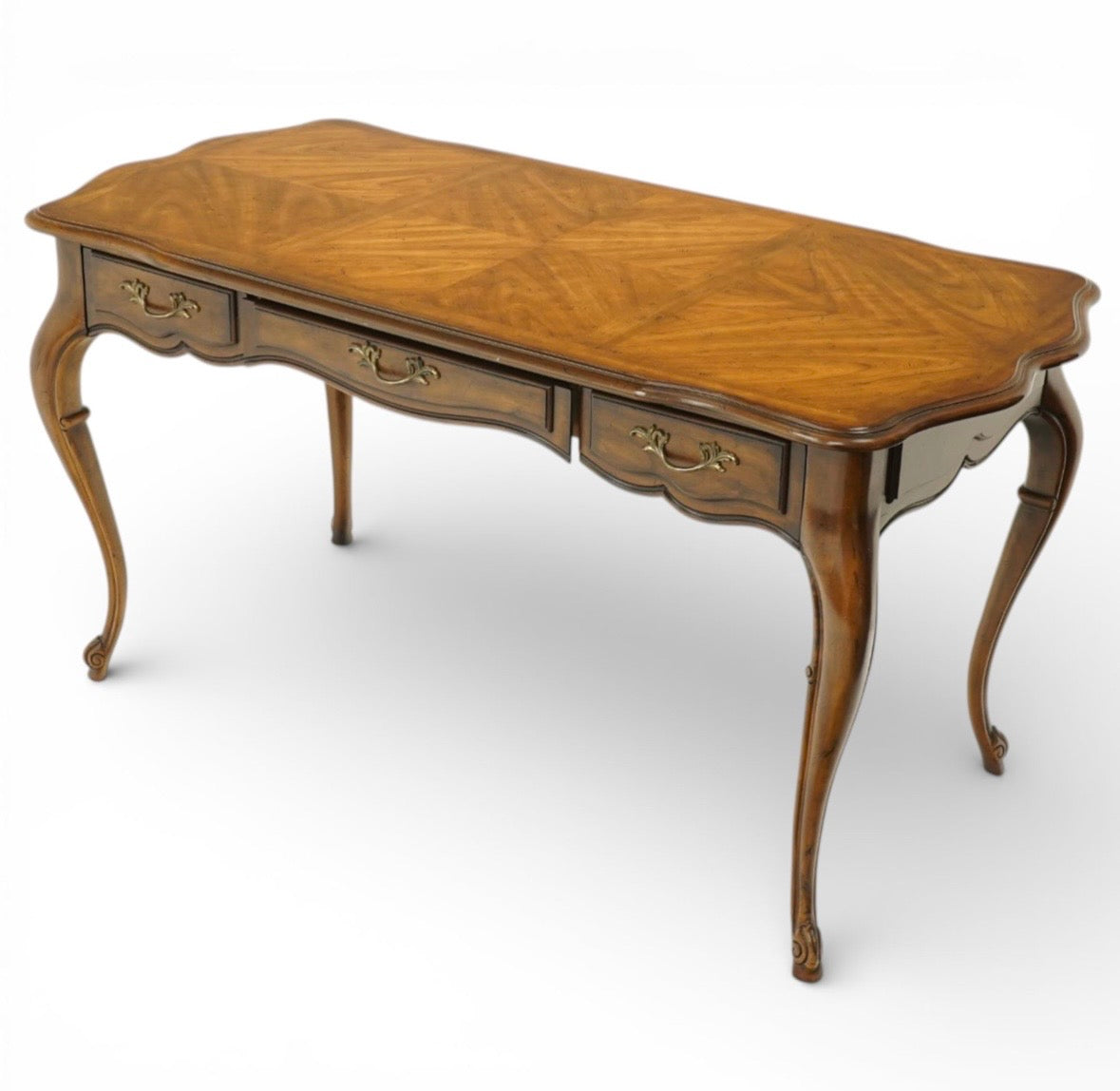 Vintage French walnut console table parquetry top & three drawers brass handles