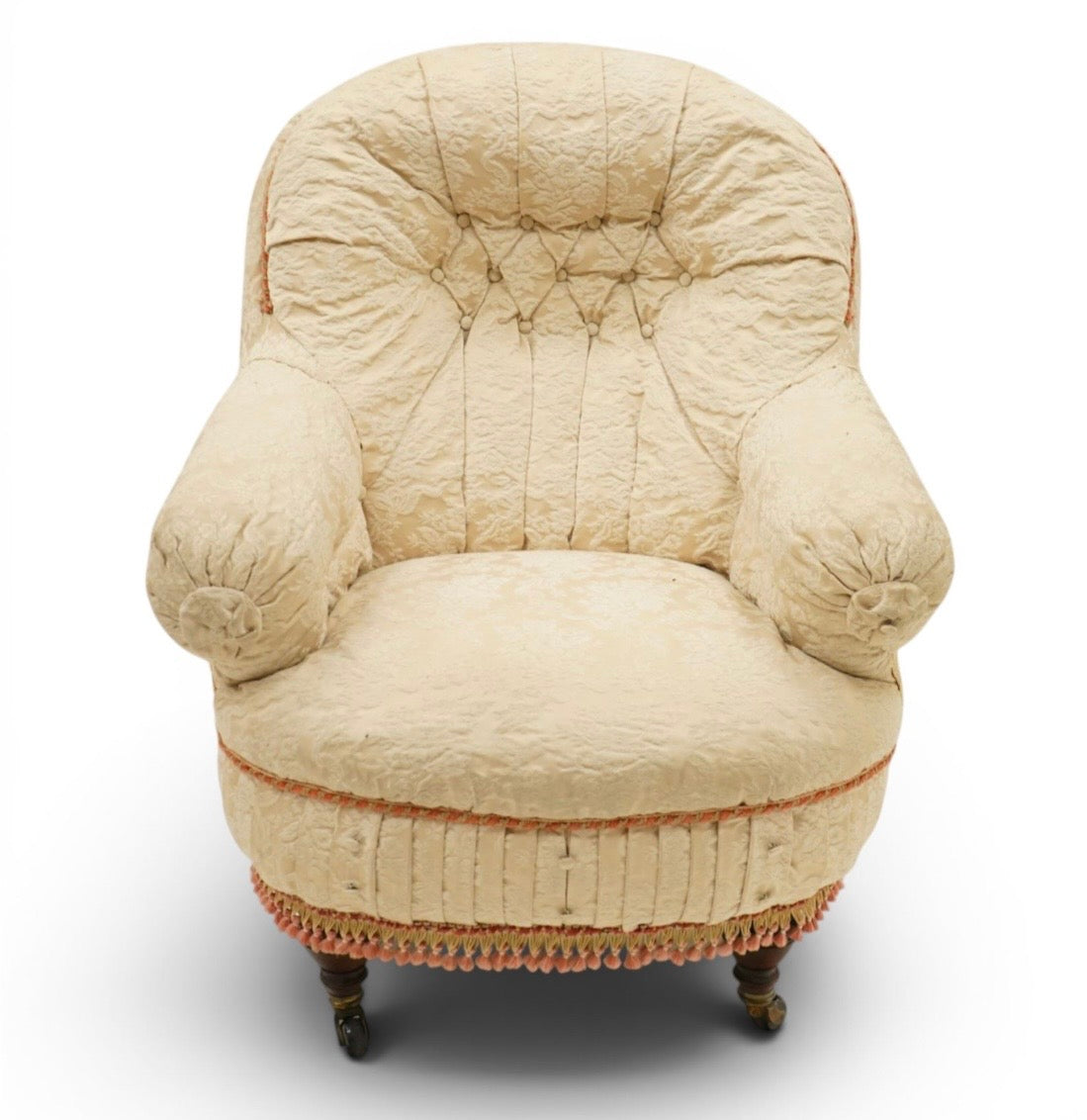Victorian Antique button-back nursing chair with cream floral damask fabric on castors