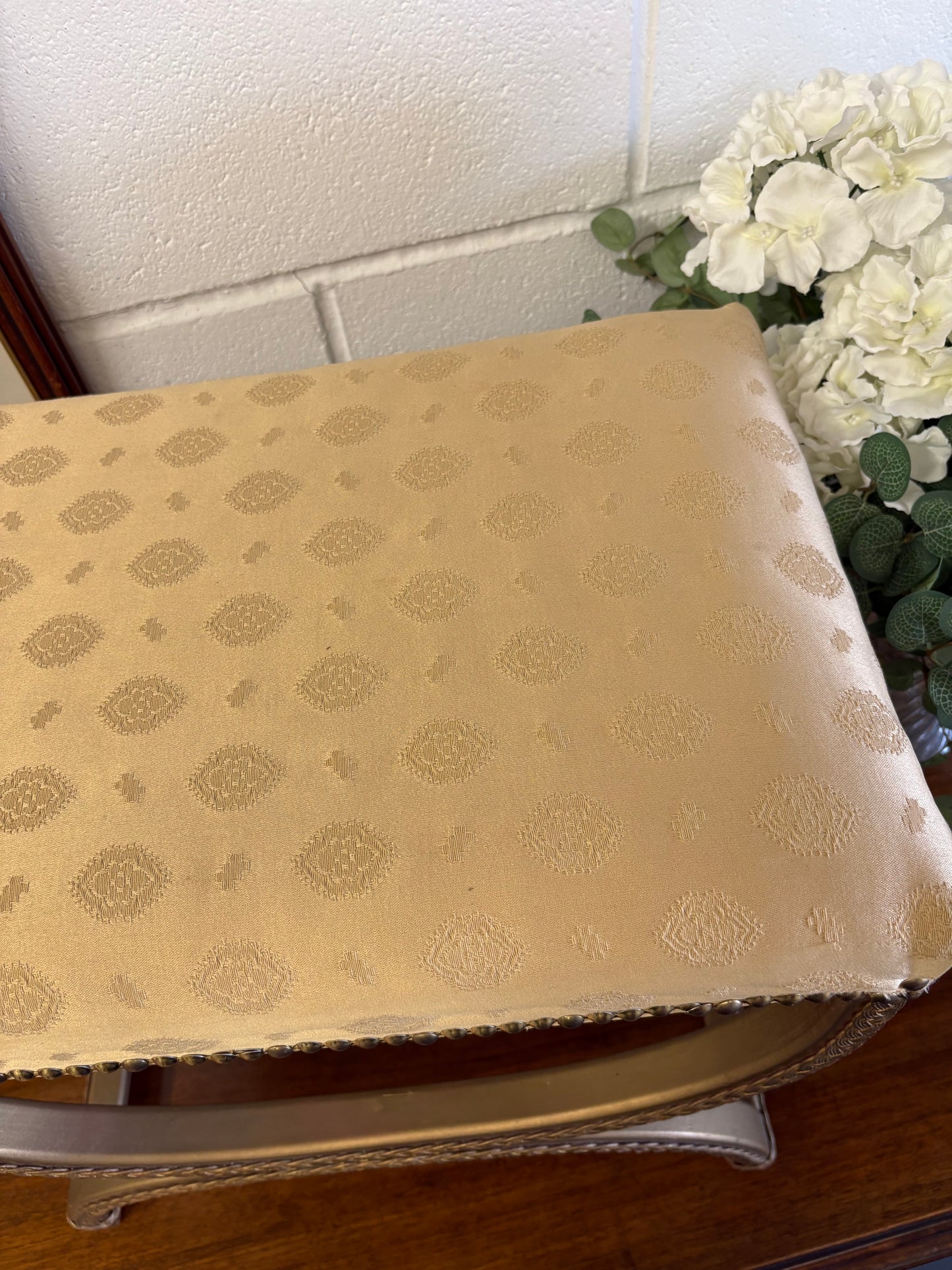 Vintage Regency Yellow Gold upholstered stool with a cross X Frame