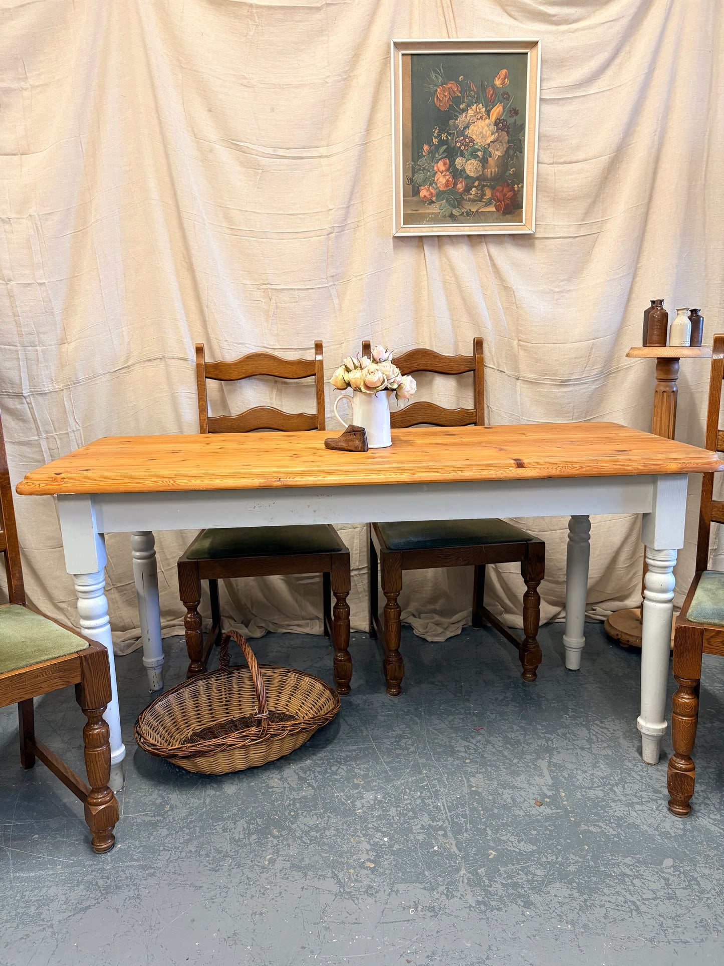 Vintage Victorian style part painted pine farmhouse kitchen dining table