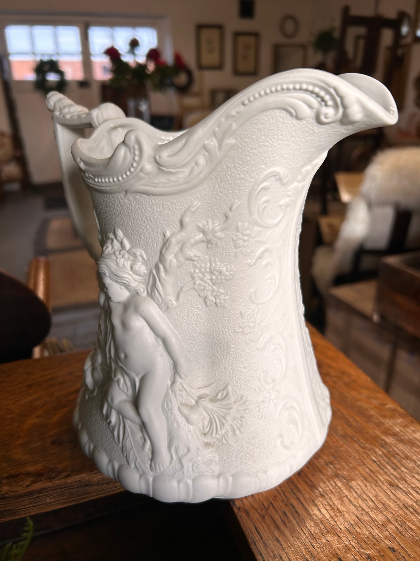 Portmerian Parianware White decorative large jug with cherubs