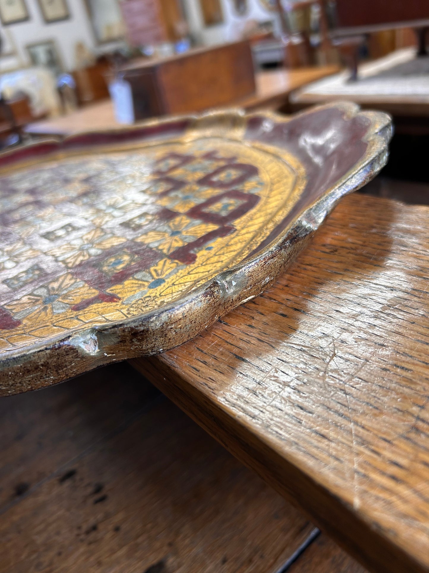 Beautiful Italian Florentine tray with red gold decoration oval ornate shape