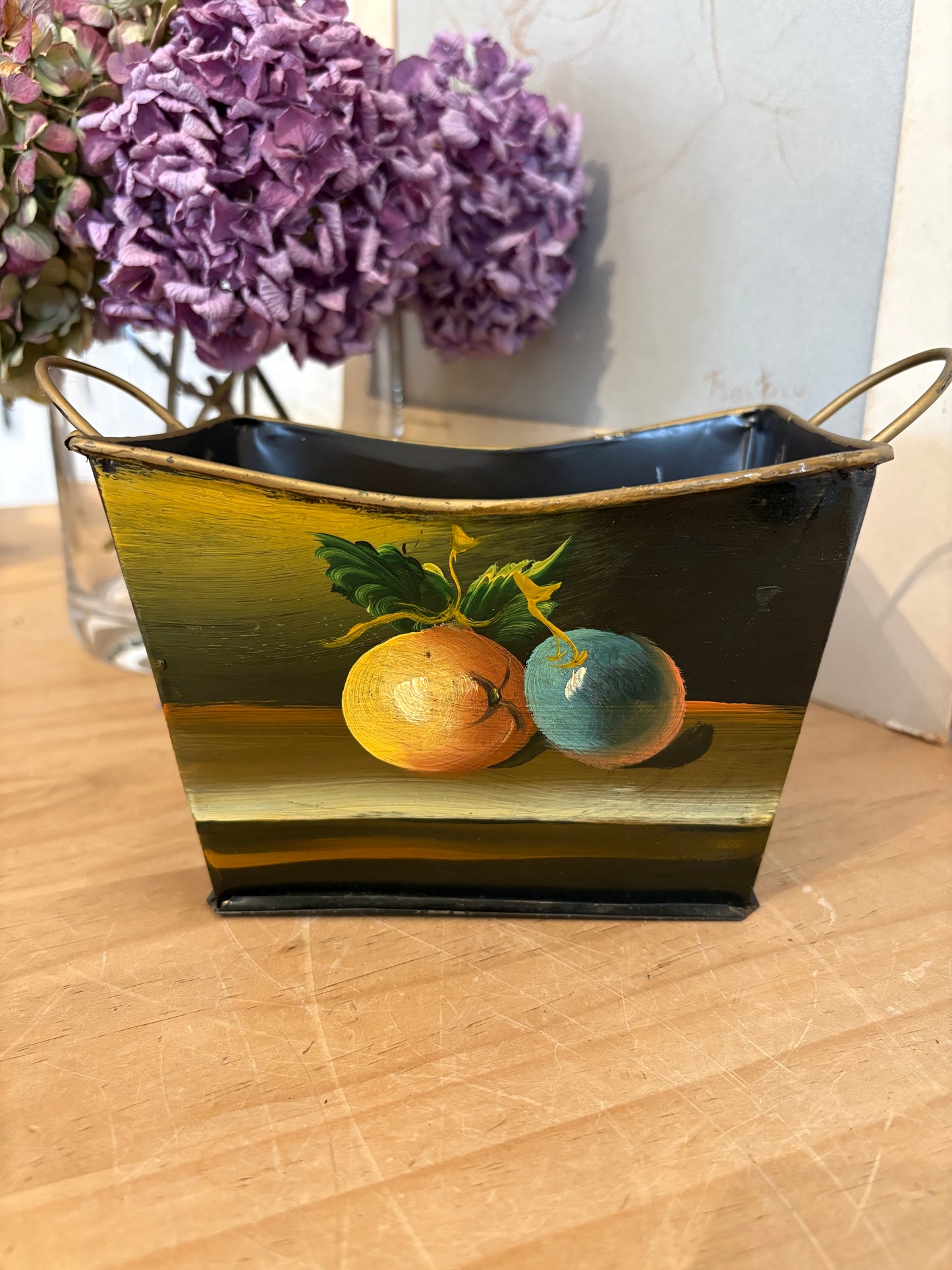 Vintage hand painted fruit design metal trough for flowers plants