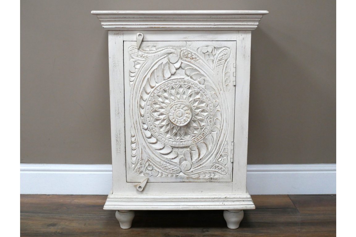White Bohemian Carved Wooden Bedside Table cupboard storage