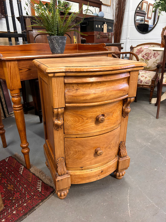 Victorian design pine bow fronted bedside drawer cabinet