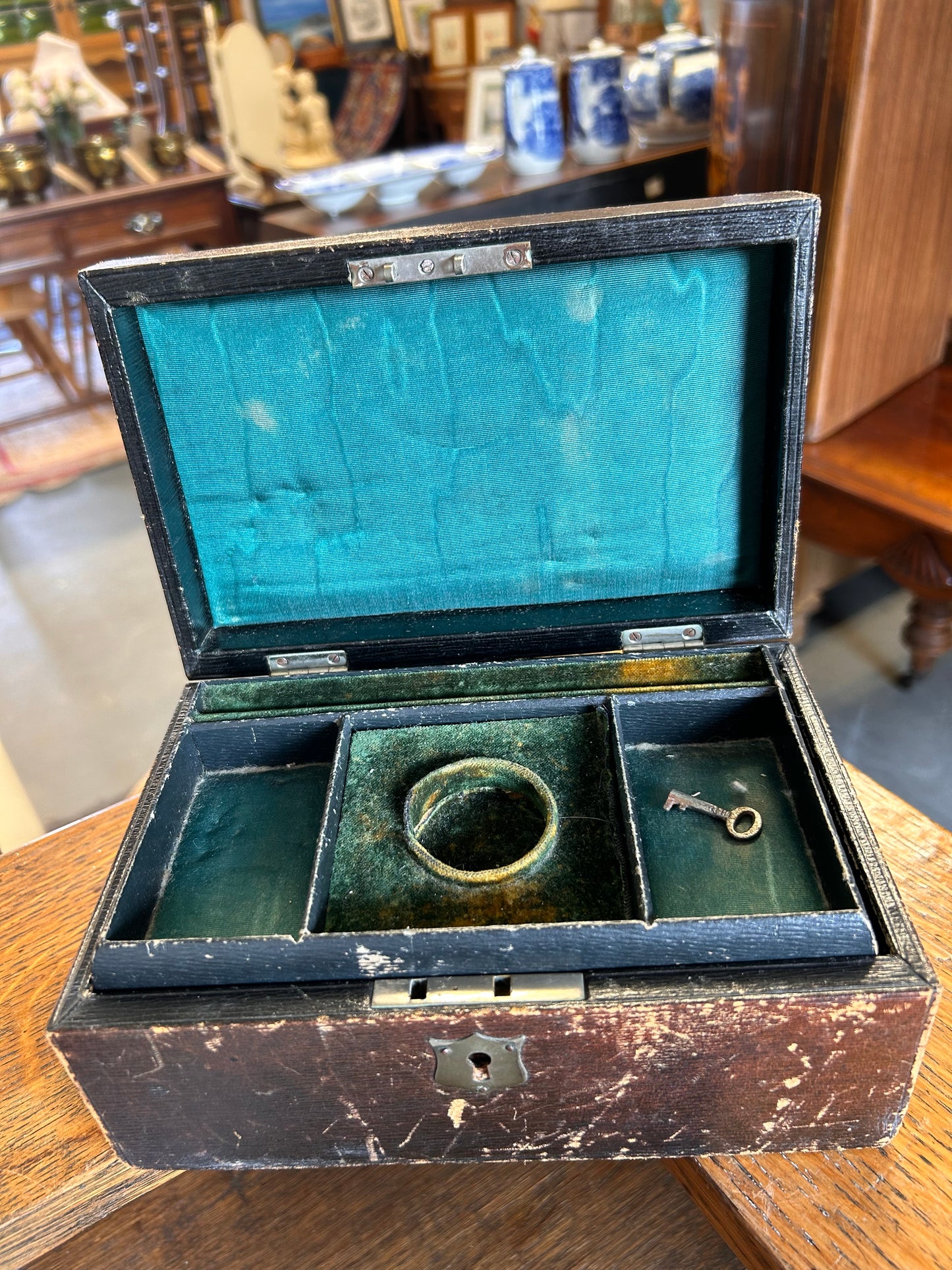 Beautifully faded and worn Victorian jewelry box lined in silk