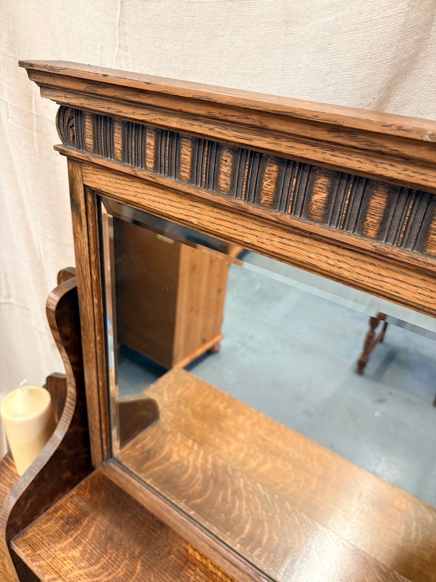 Antique Edwardian Oak Dressing Chest of Drawers with Mirror