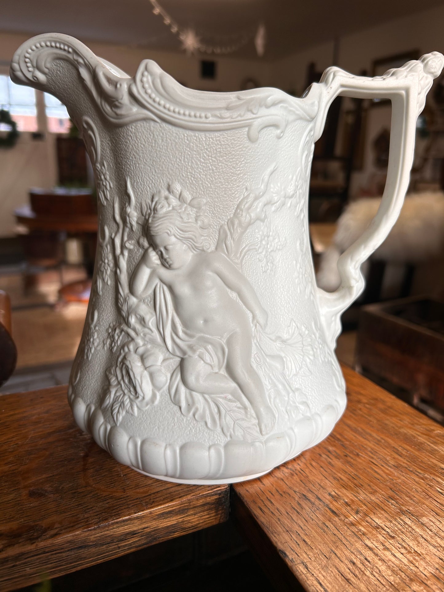 Portmerian Parianware White decorative large jug with cherubs