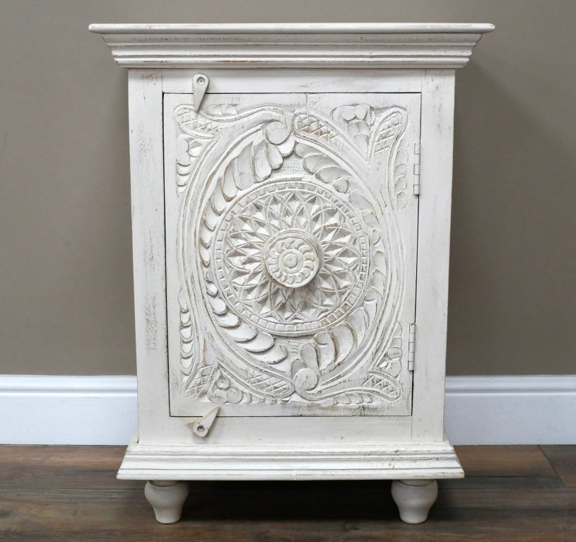 White Wooden Bedside Cabinet in an Eclectic Bohemian  Style