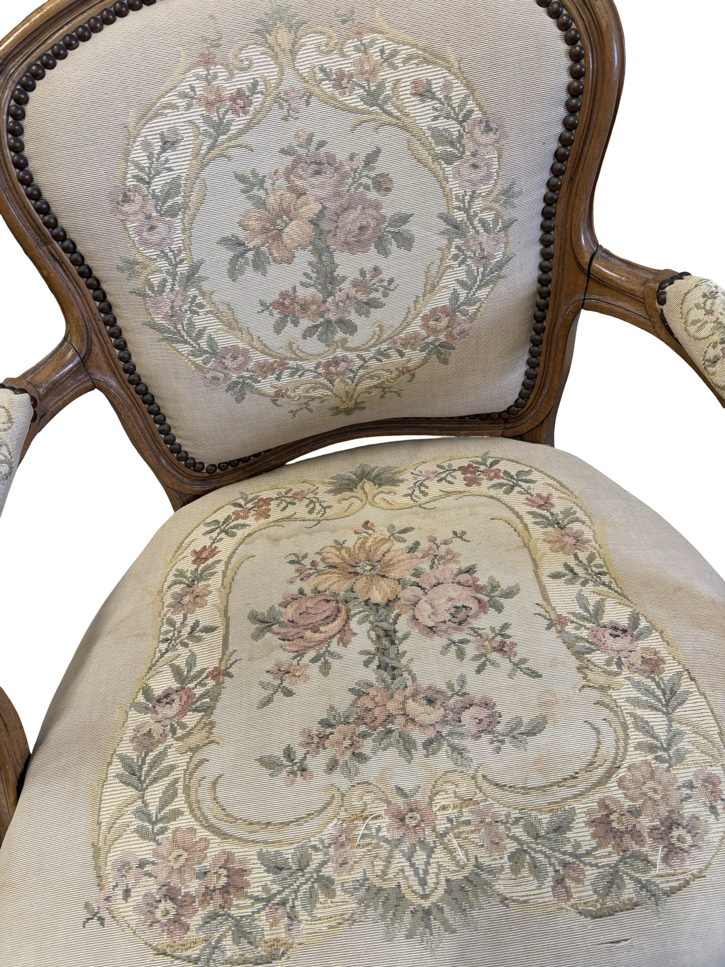 A French Louis Style Carved shabby tapestry vintage occasional bedroom chair