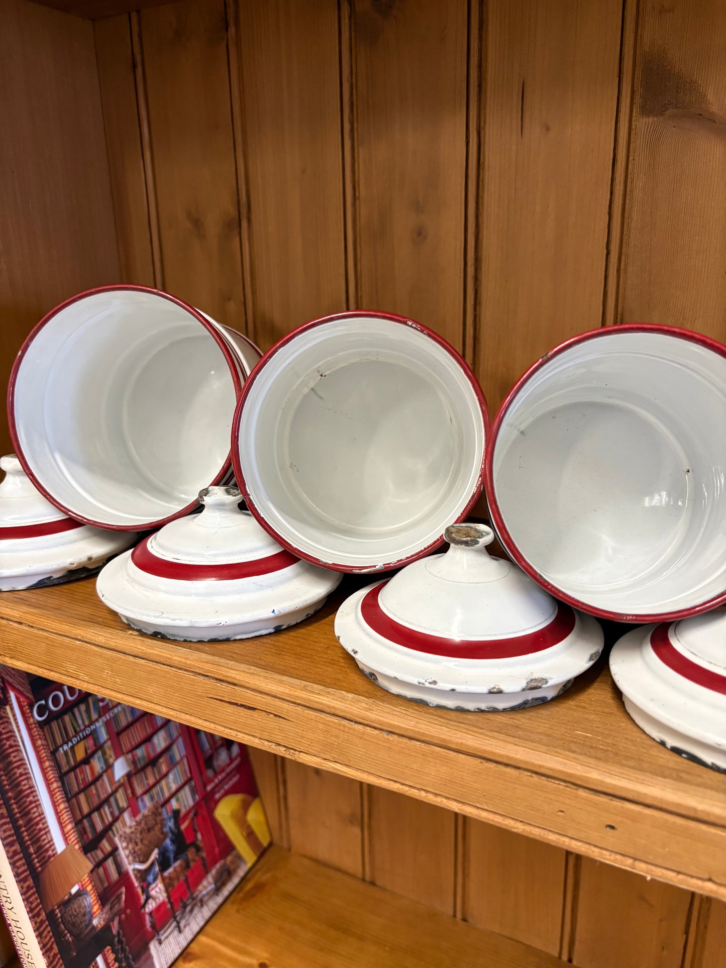 Set of six French Vintage storage canisters, red and white enamel ￼