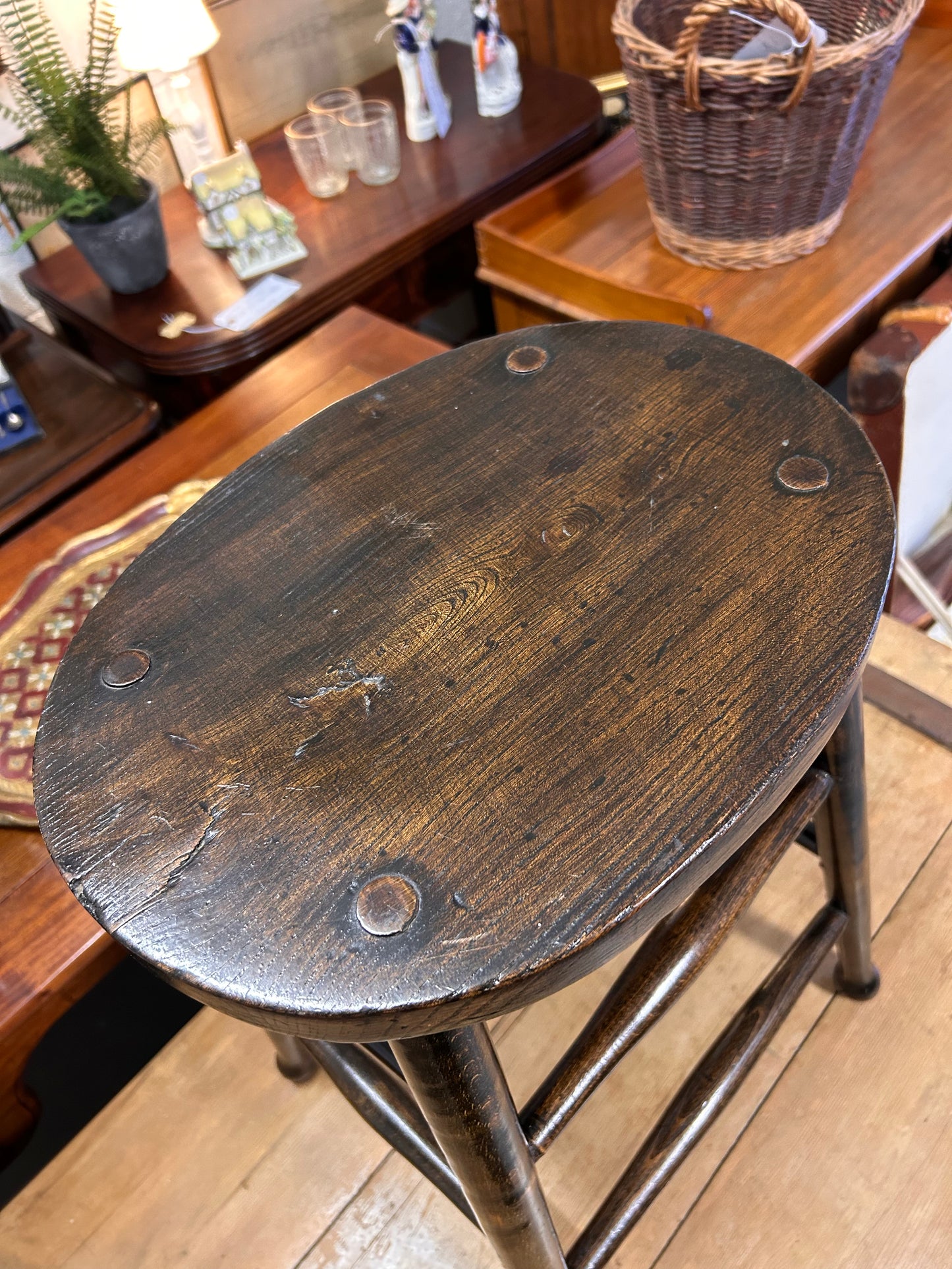 Antique Oval Dark Oak wood stool solid great condition two available