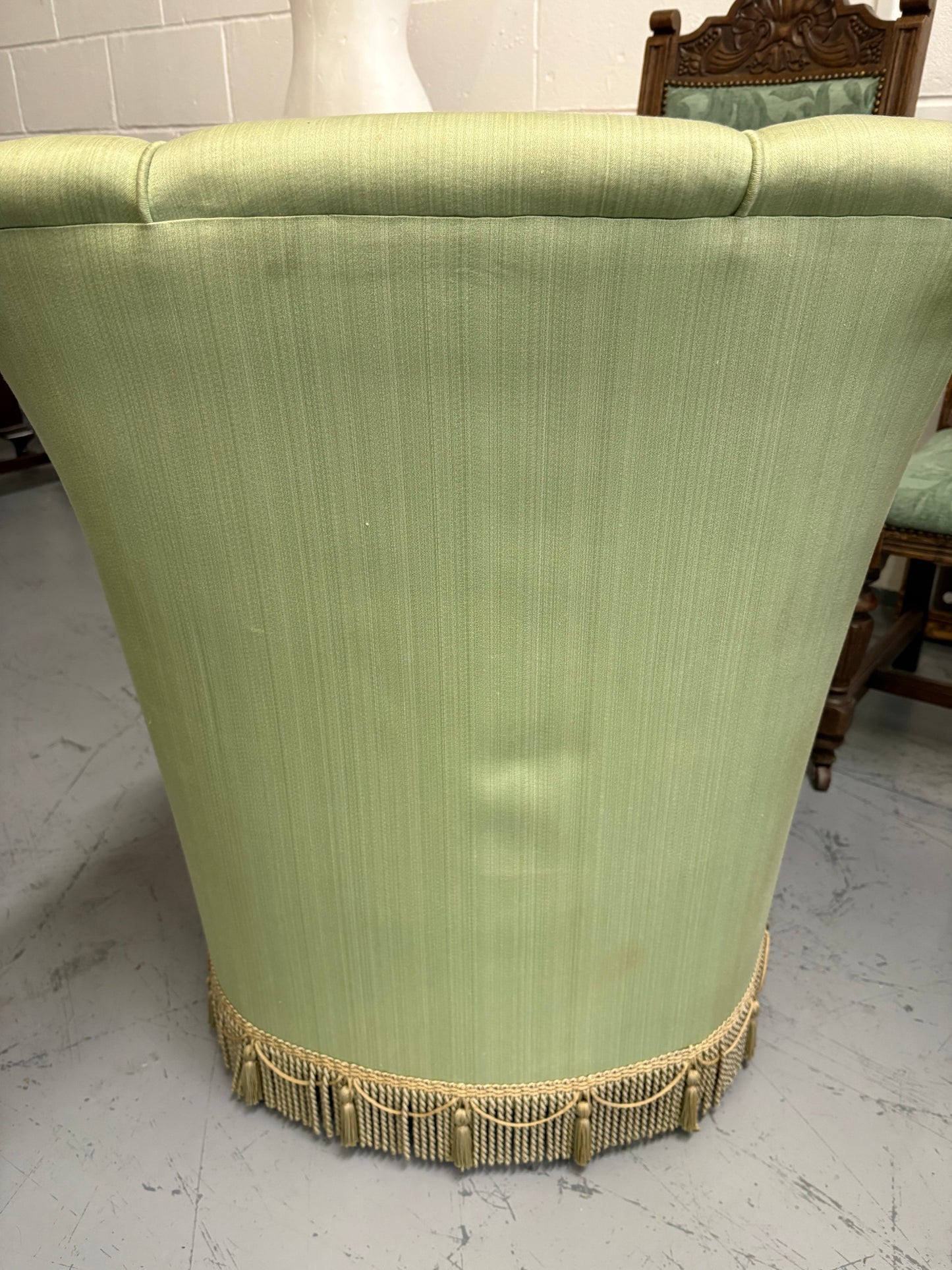 Mid century French pale Green upholstered tassel trimmed boudoir bedroom chair ￼