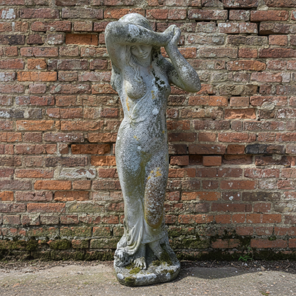 Large Weathered Antique Stone Shy Maiden Garden Statue