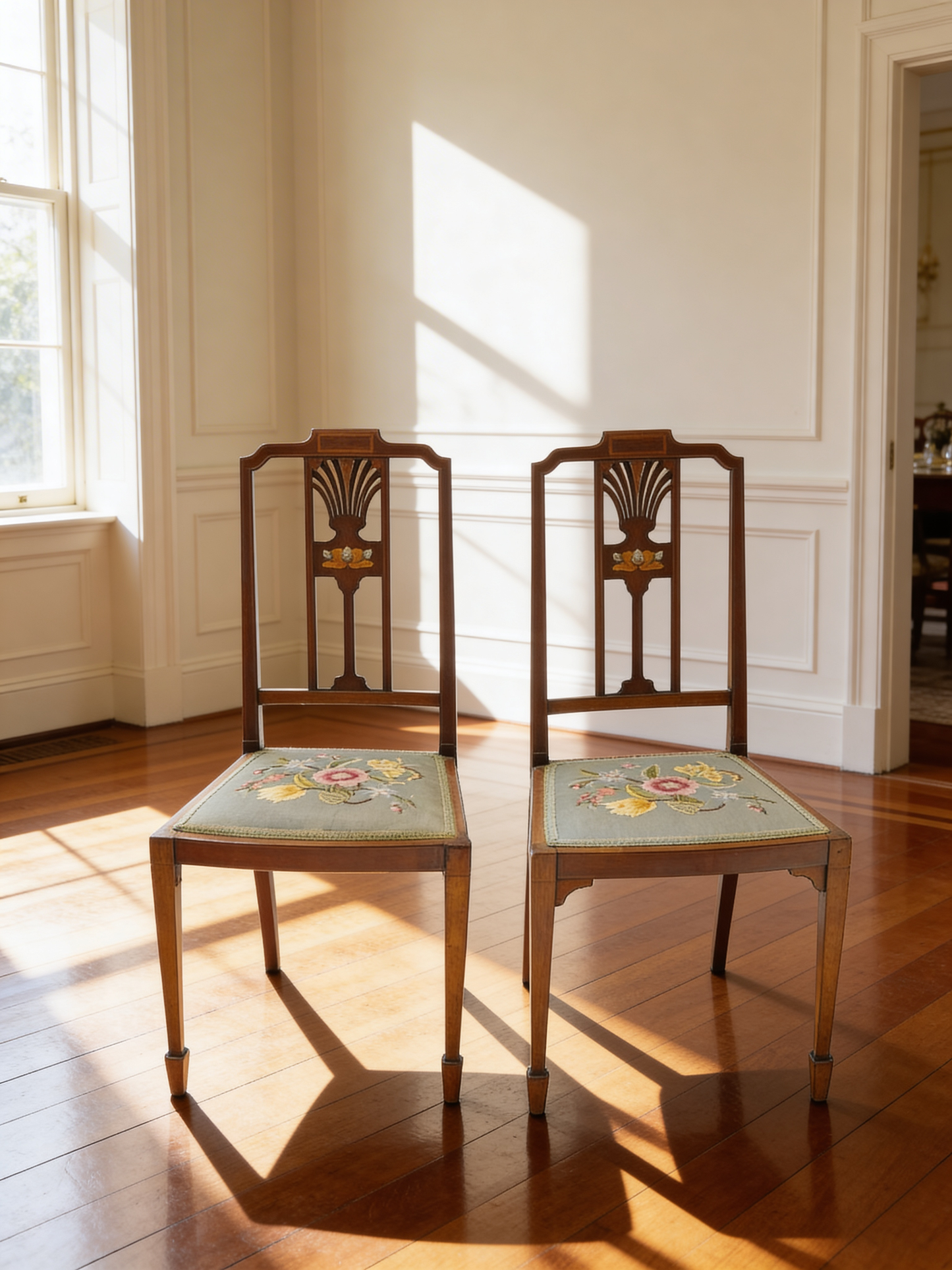 Two Beautiful inlaid mahogany bedroom / side chairs with marquetry panel, needlework seats