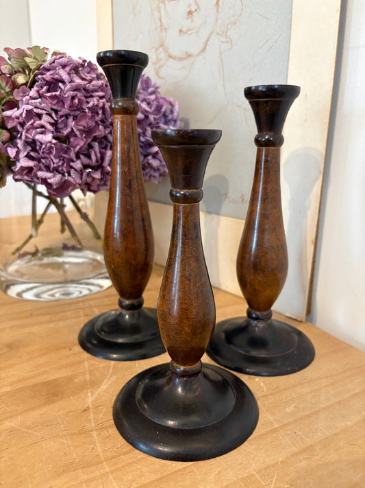 Trio of Vintage metal wood effect candle stick holders table decor