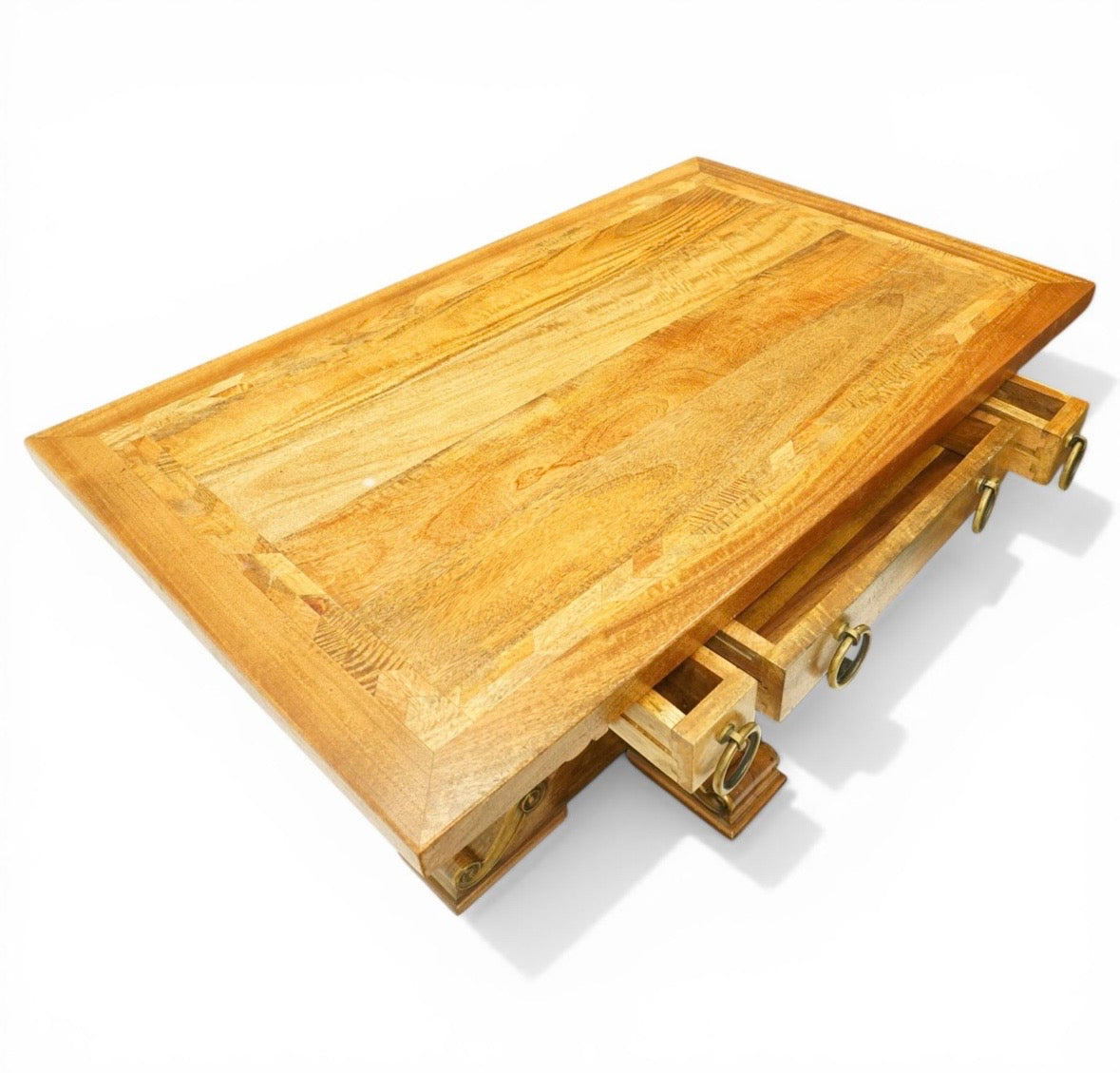 Quality made mango wood hall console table, three drawers with large hooped pulls & decorative base
