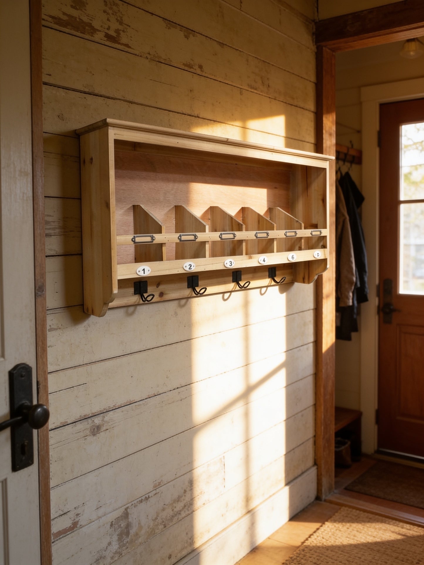 Rustic wooden wall shelf unit with hooks & Storage kitchen hall utility