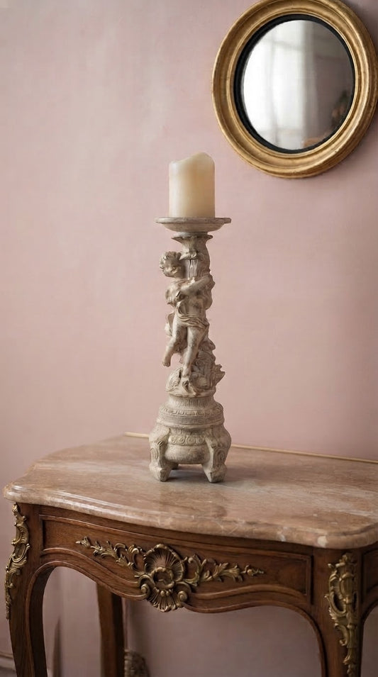 Highly Decorated Heavy Vintage Resin Rococo Cherub Candle Holder Stand