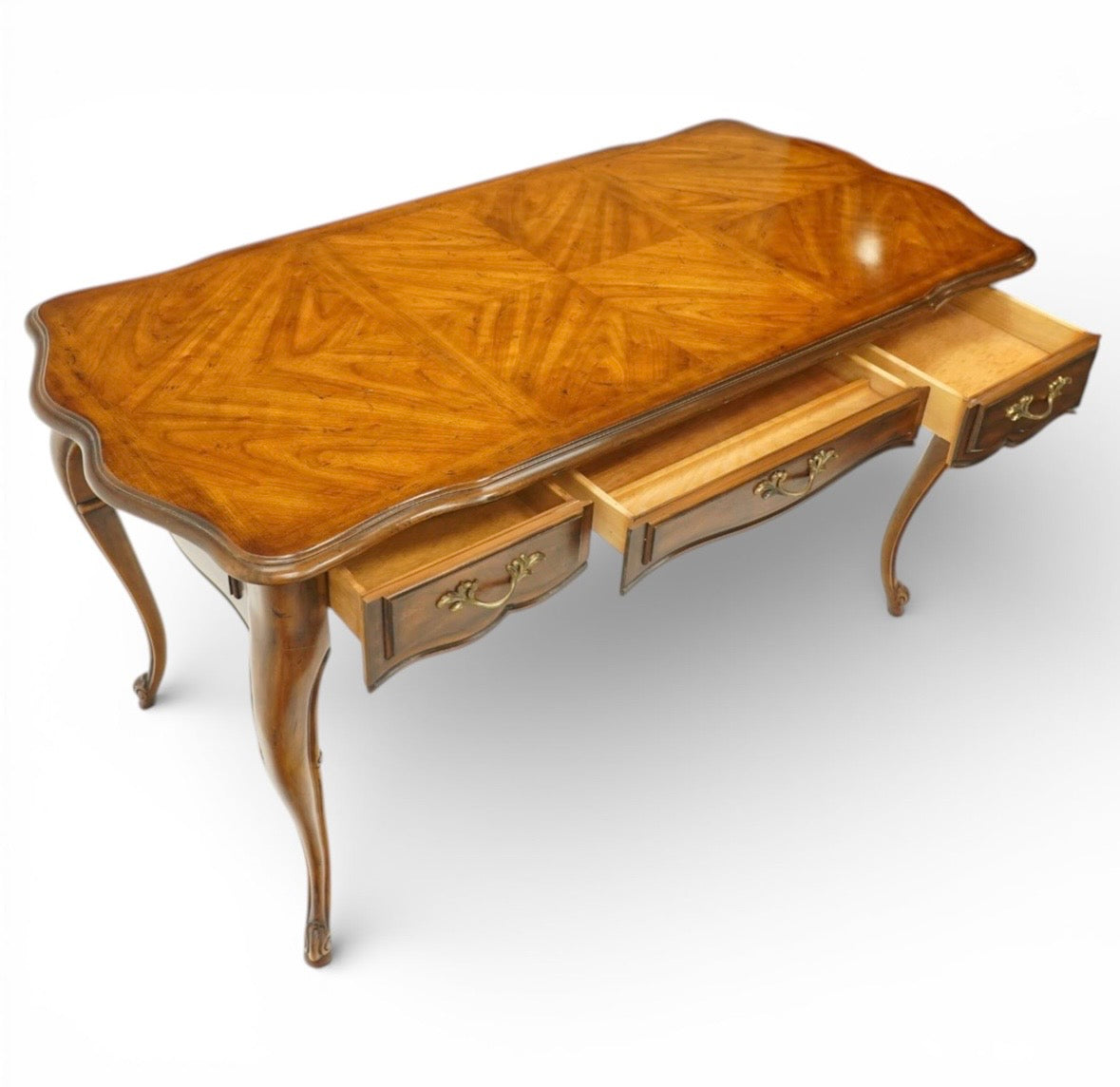 Vintage French walnut console table parquetry top & three drawers brass handles