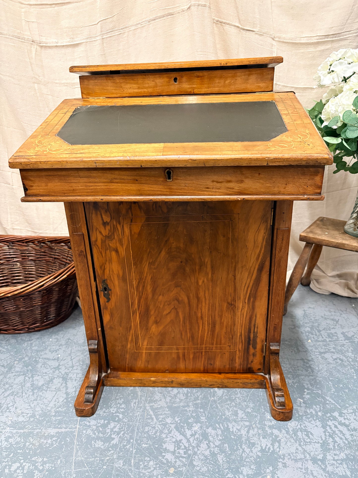 Victorian Antique Inlaid Walnut Davenport Desk - Compact Drawer Storage