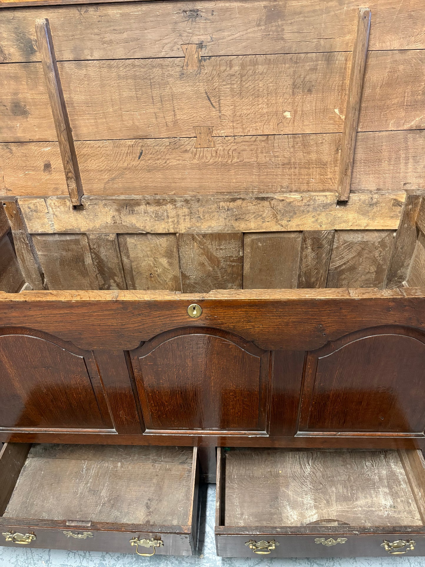 Large Antique 18thC Country House Paneled Oak Mule Chest