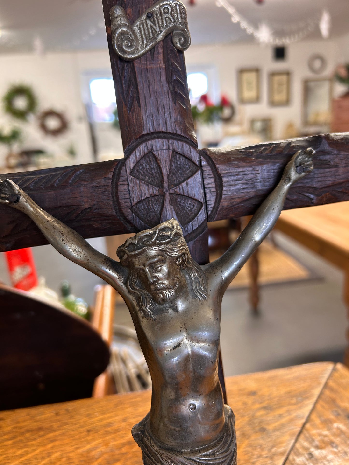 Wall hanging Antique crucifix cross with metal Jesus Christ figure