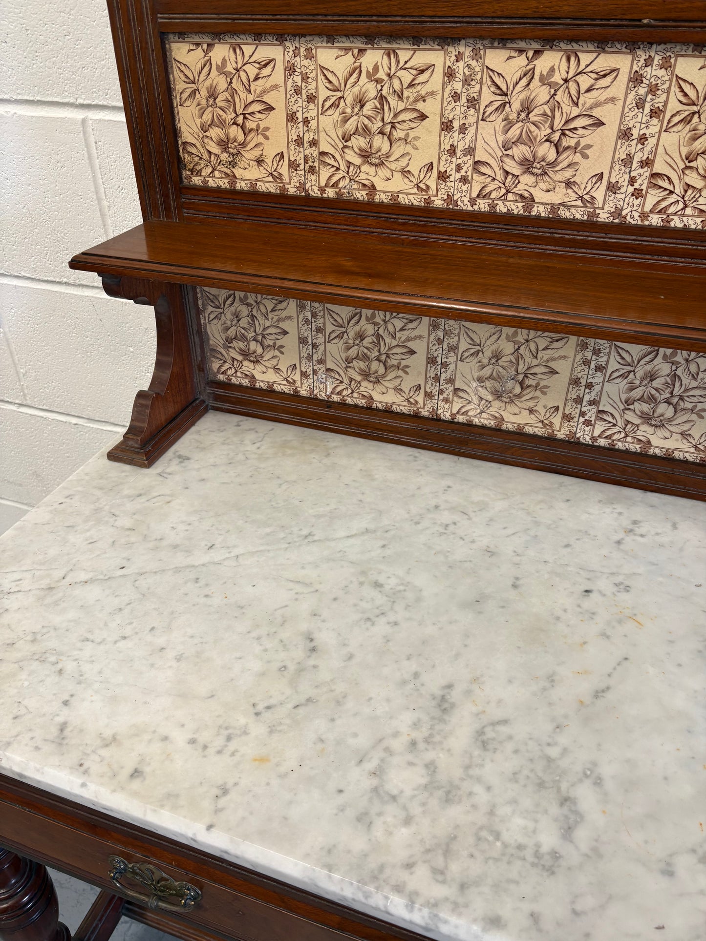 Edwardian Antique Marble top & Tiled back Washstand Side Console Table