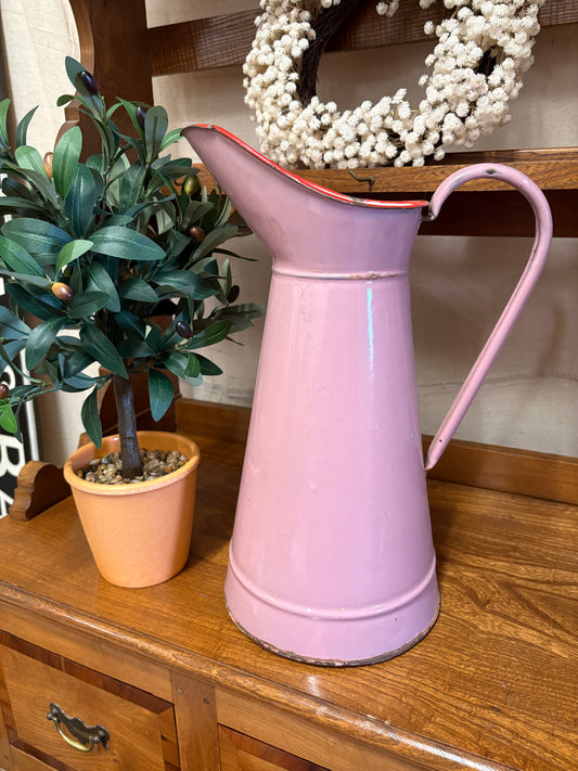 Large French Pink Enamel Pitcher Jug Flower Vase