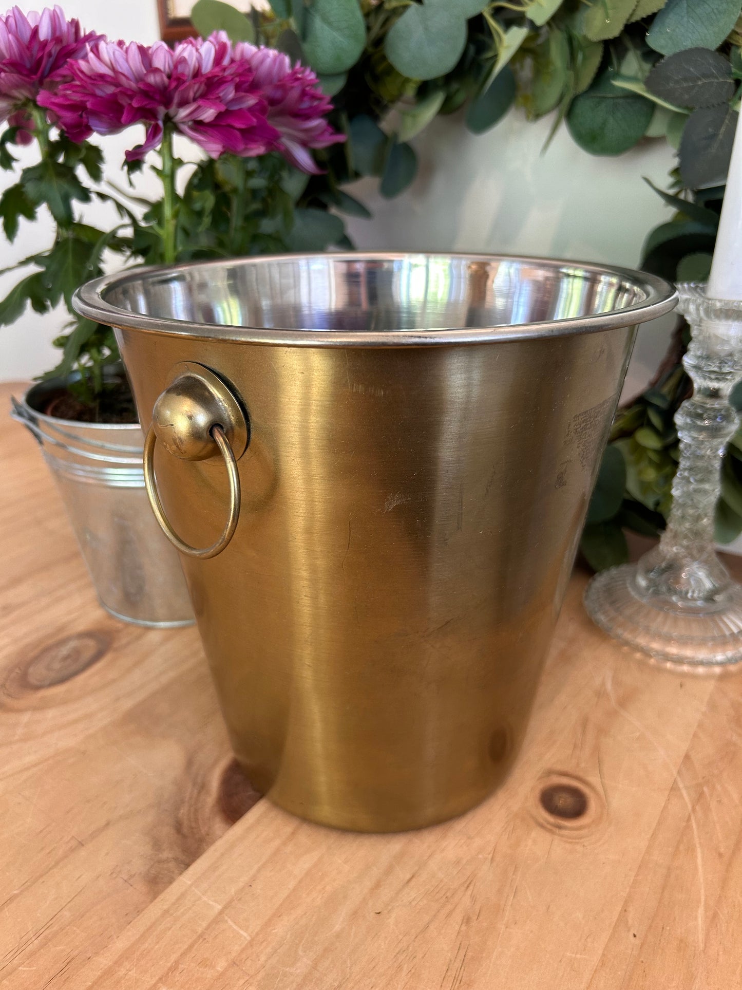 Vintage white metal champagne bucket with handles