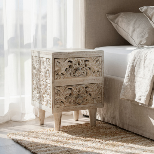 Bohemian Carved white Wooden Bedside Table Drawers storage