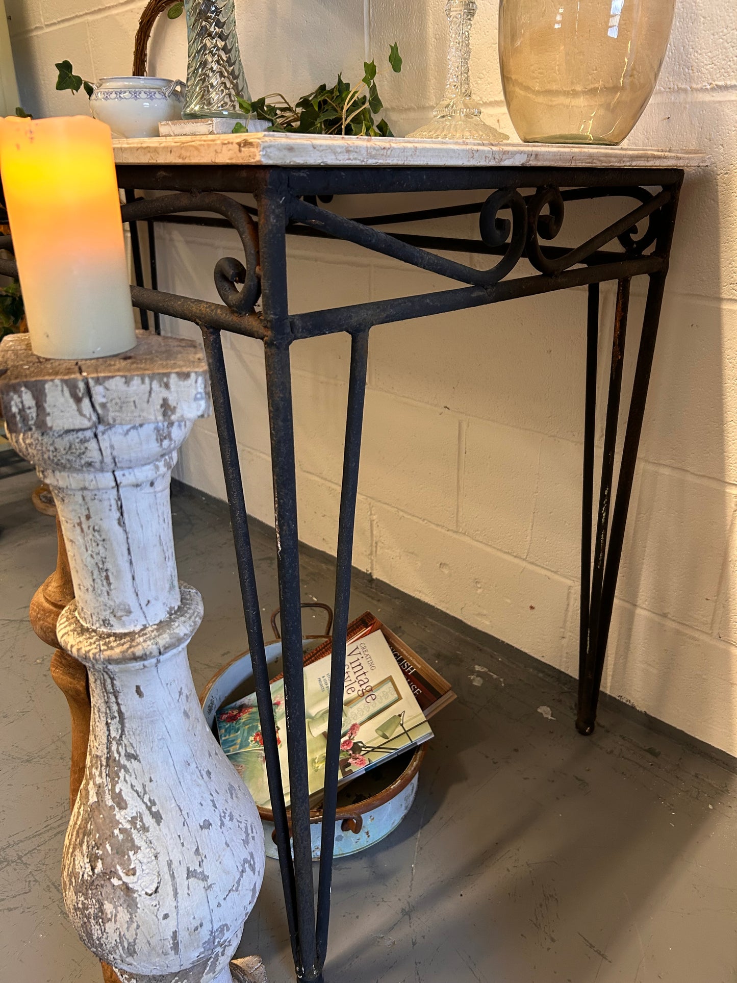 Large Console table French vintage marble top iron based indoor outdoor table