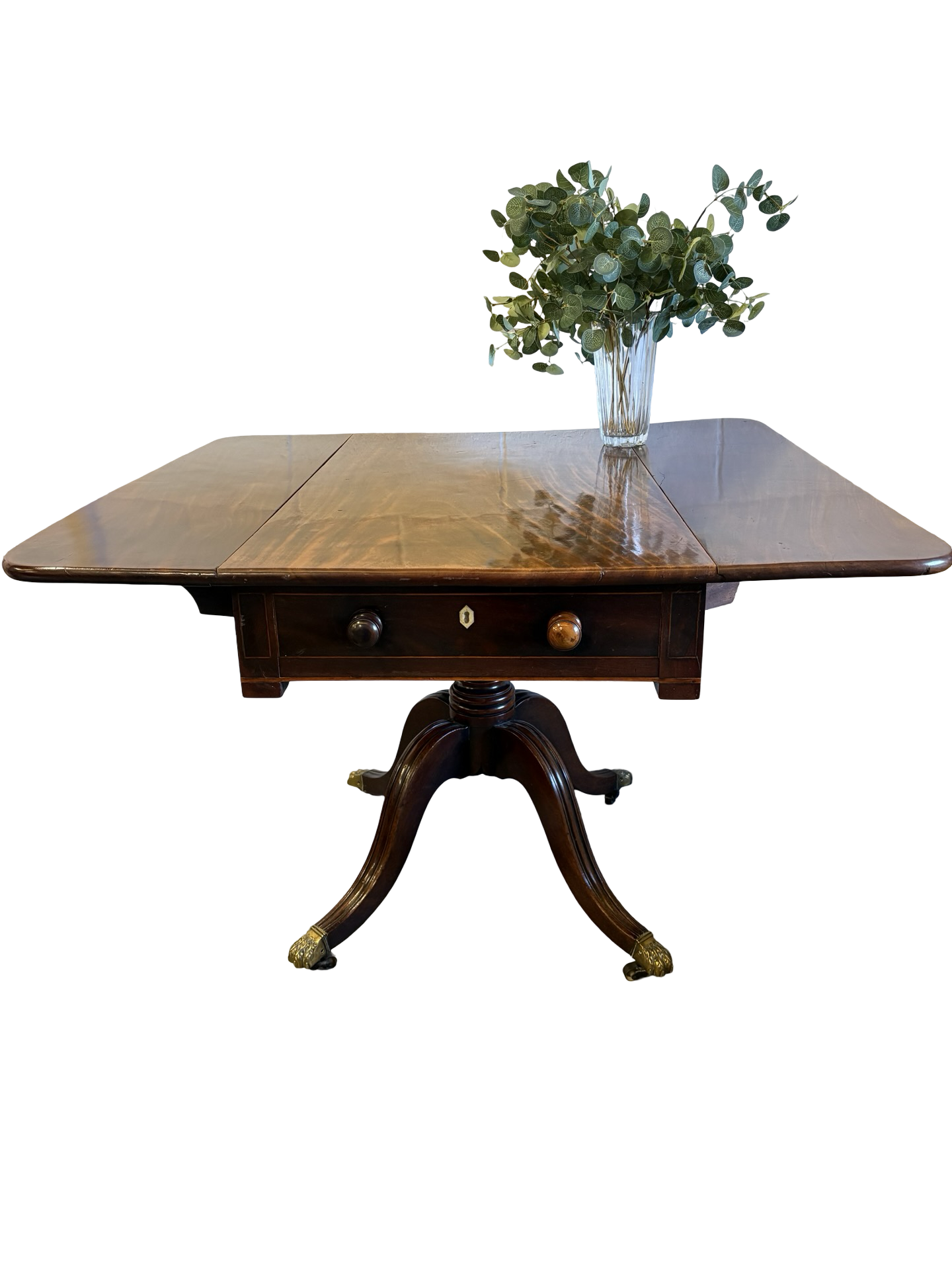 Regency Mahogany Sofa Table with fitted drawer on turned column Brass feet