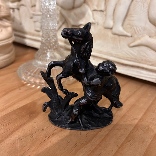 Antique Heavy Metal Boy & Horse Figurine