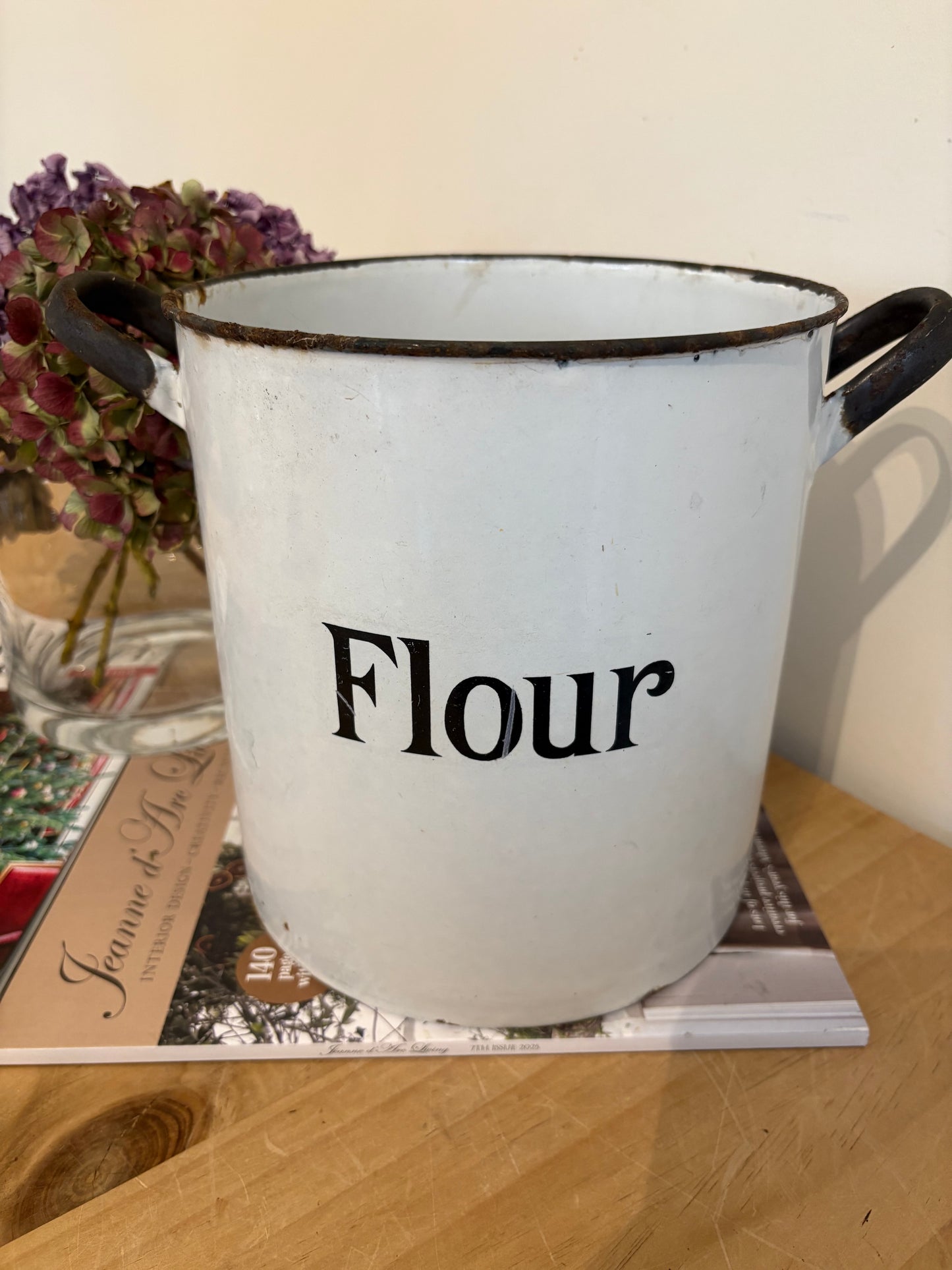 Old White Enamel Vintage Flour tin bin canister kitchen storage decor