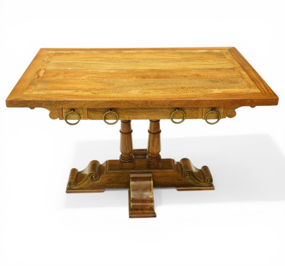 Quality made mango wood hall console table, three drawers with large hooped pulls & decorative base