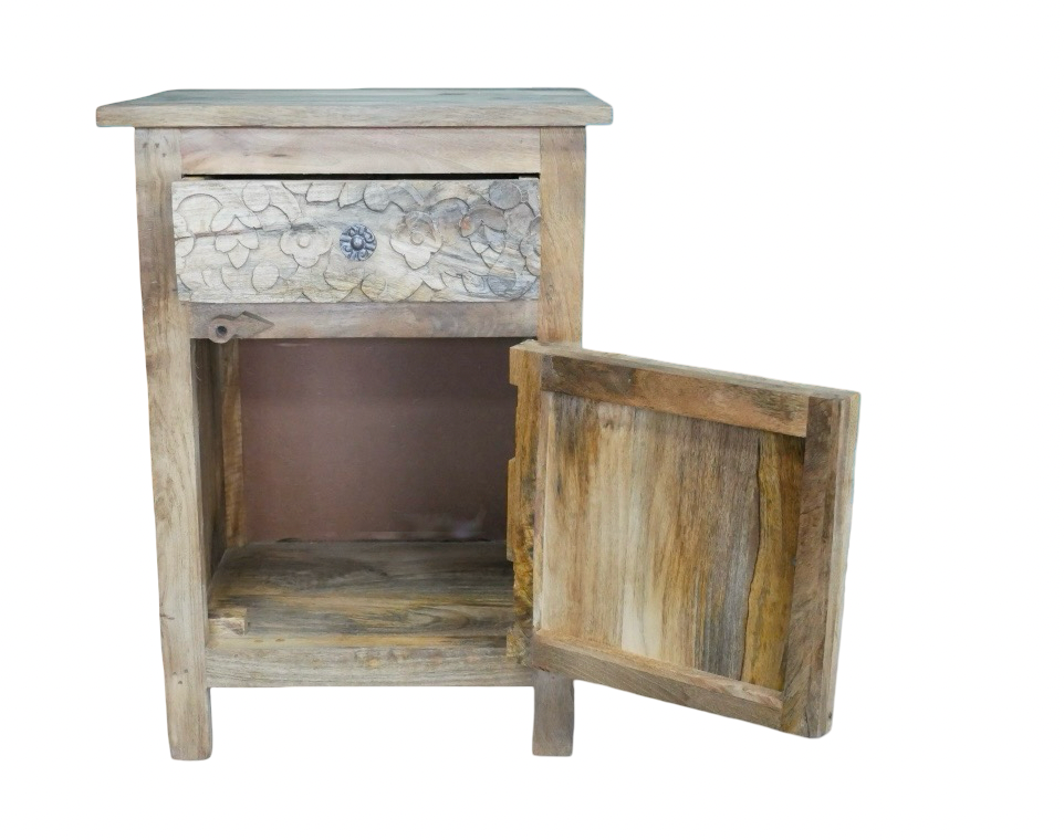 Carved Wooden Decorative Bedside Table Cabinet Light Wood