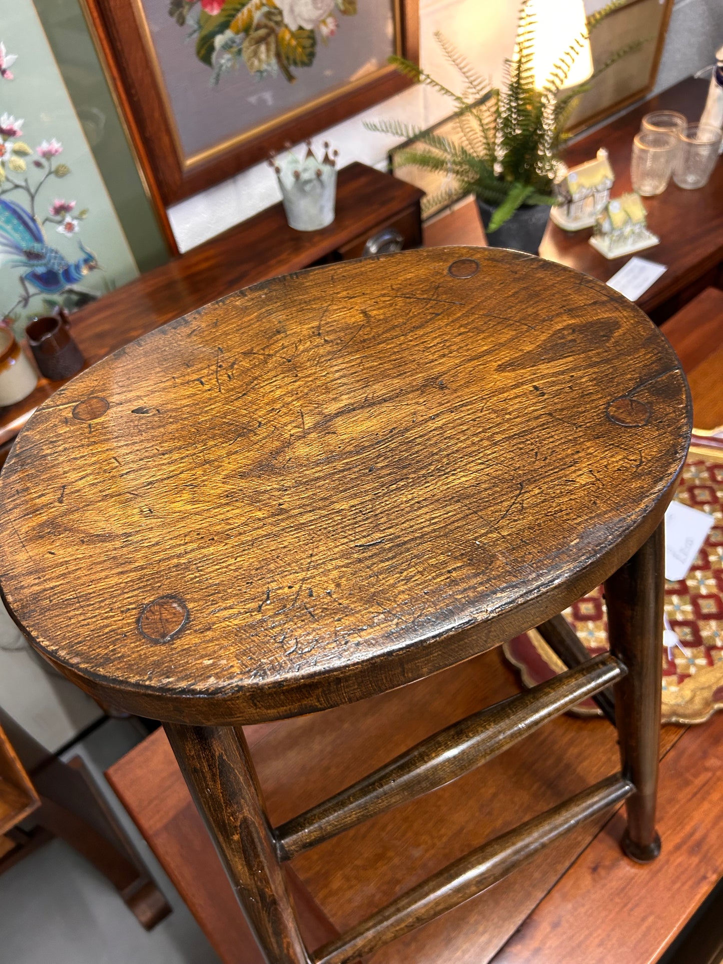 Antique Oval Dark Oak wood stool solid great condition two available