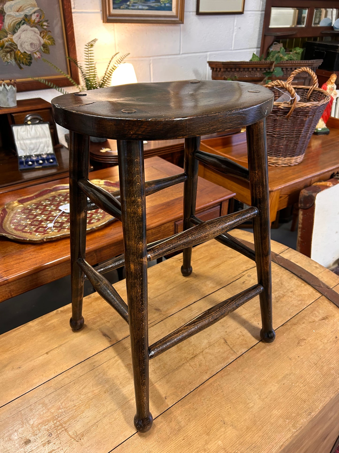 Antique Oval Dark Oak wood stool solid great condition two available