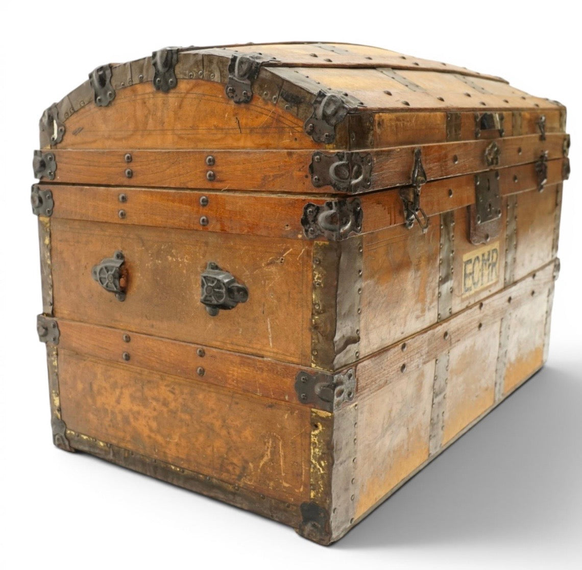 Antique 19th century pine and metal bound travelling trunk - Unique Storage ￼