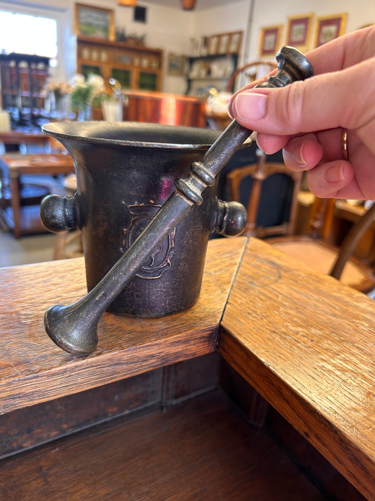 Cast iron vintage pestle and mortar heavy with crest