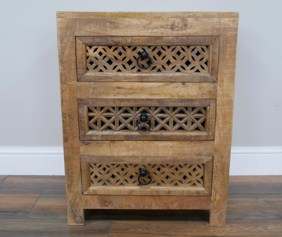 3 drawer Wooden bedside cabinet with carved decorative drawer fronts