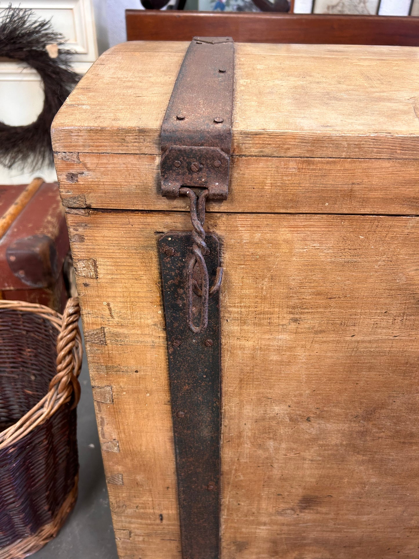 HUGE Late 19thC Pine and metal bound dome topped trunk