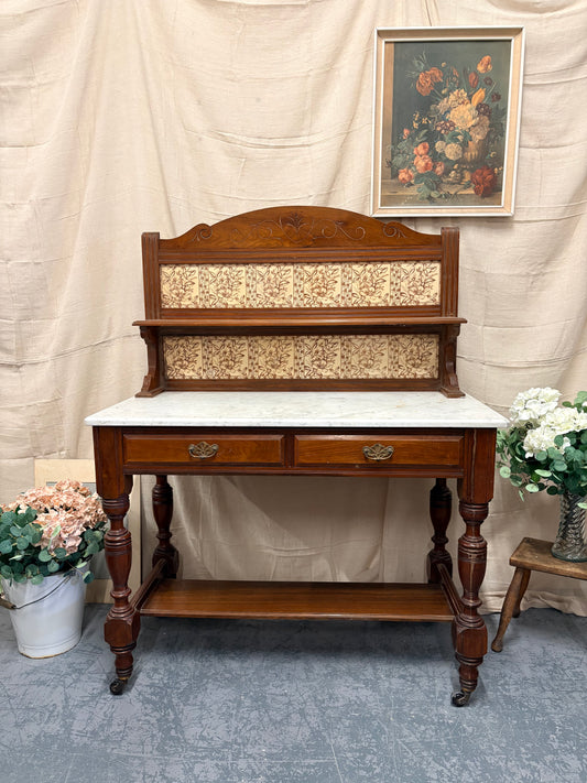 Country House Antique Marble top & Tiled back Washstand Side Console Table