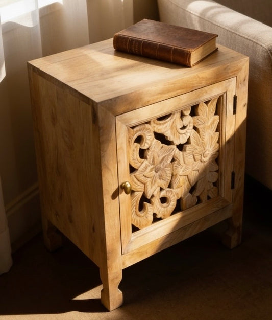Decorative Carved Solid Wood Bedside Table cupboard storage