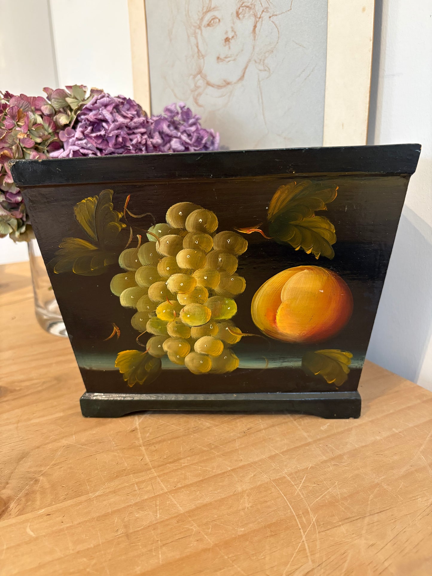 Vintage hand painted fruit design wooden trough faux flowers plants