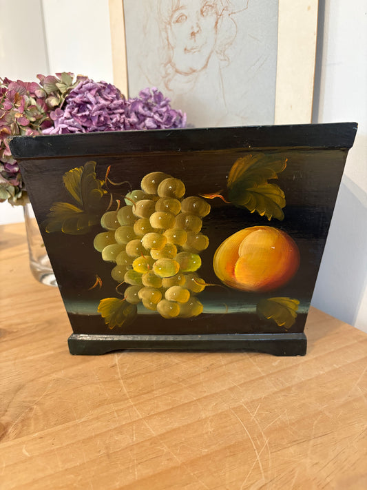 Vintage hand painted fruit design wooden trough faux flowers plants